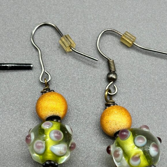 Lampwork Art Glass Earrings Yellow Green Purple Polka Dot Handmade Dangle Drop - Picture 7 of 7